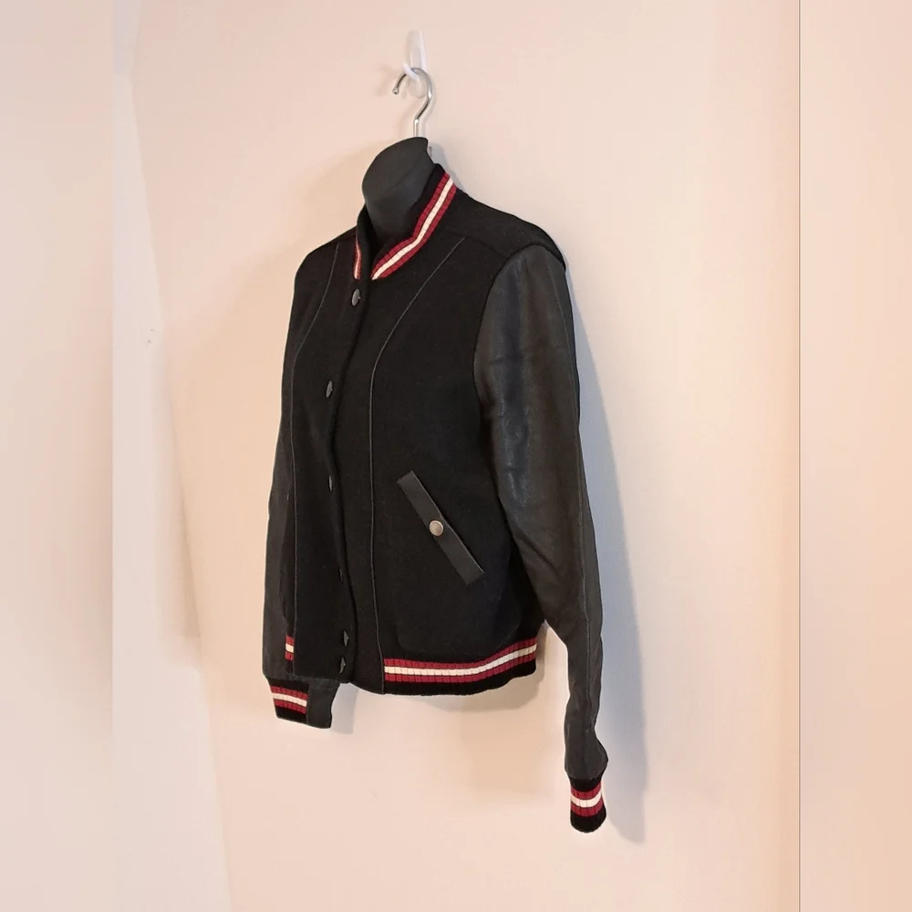 Coach Black Varsity Jacket with Athletic Stripe Accents Misses Size Small